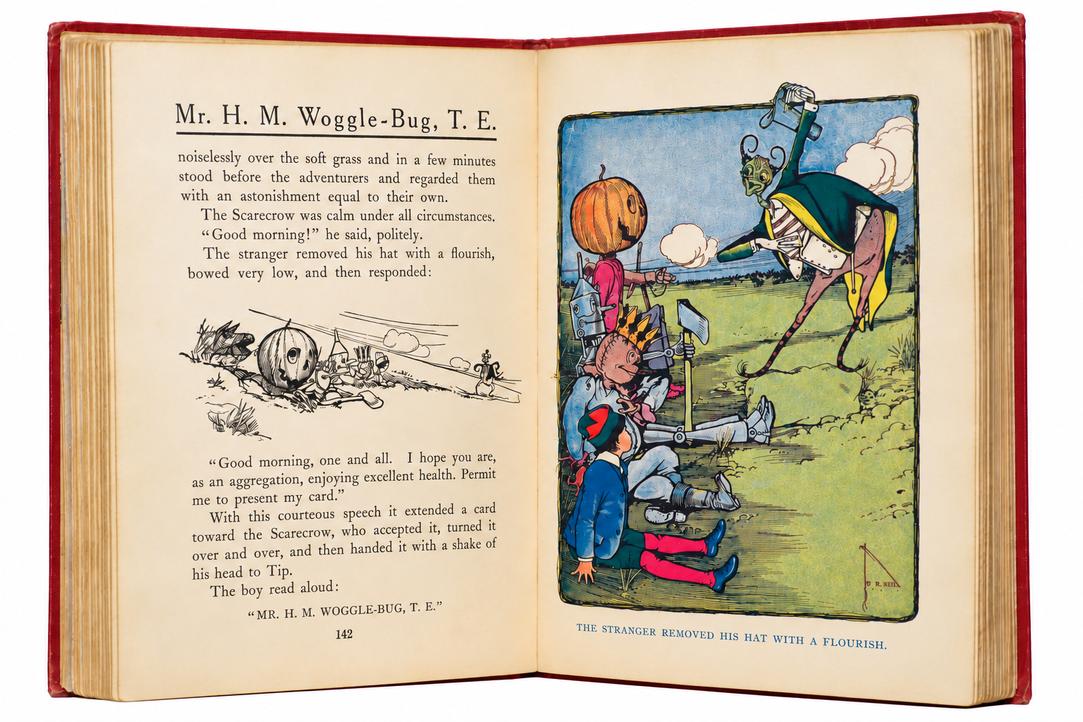 Open spread from The Land of Oz with text on page 142 and a colour illustration of Mr. H. M. Woggle-Bug meeting the group; visible wear surrounds the plate.
